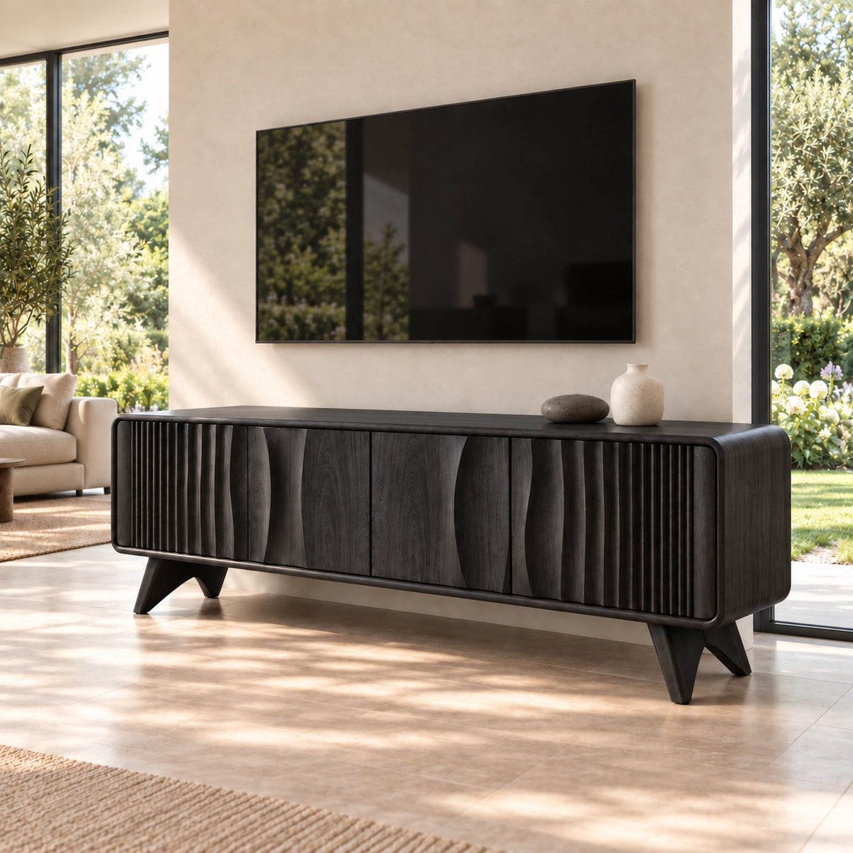 TV Stand with Fluted and Curved Natural Solid Wood Design in Six Sizes - Rustiracraft - 7
