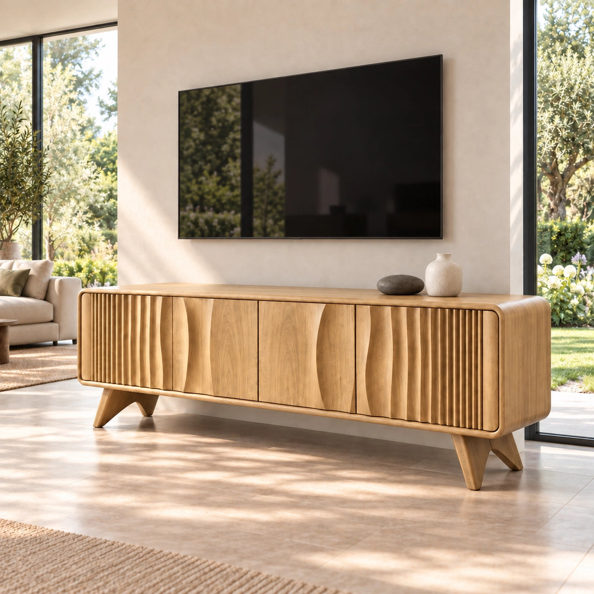 TV Stand with Fluted and Curved Natural Solid Wood Design in Six Sizes - Rustiracraft - 8