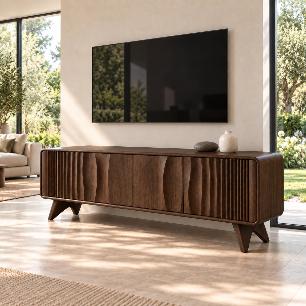 TV Stand with Fluted and Curved Natural Solid Wood Design in Six Sizes - Rustiracraft - 9