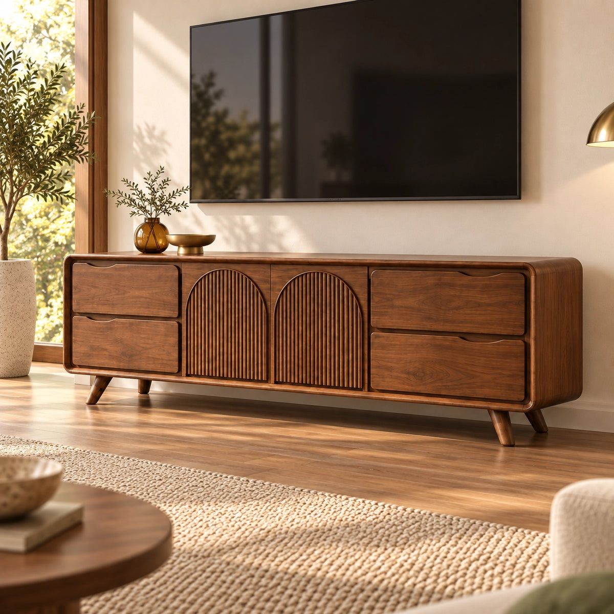 TV Stand with Fluted Arched Cabinet Doors in Natural Solid Wood for Living - Rustiracraft - 1