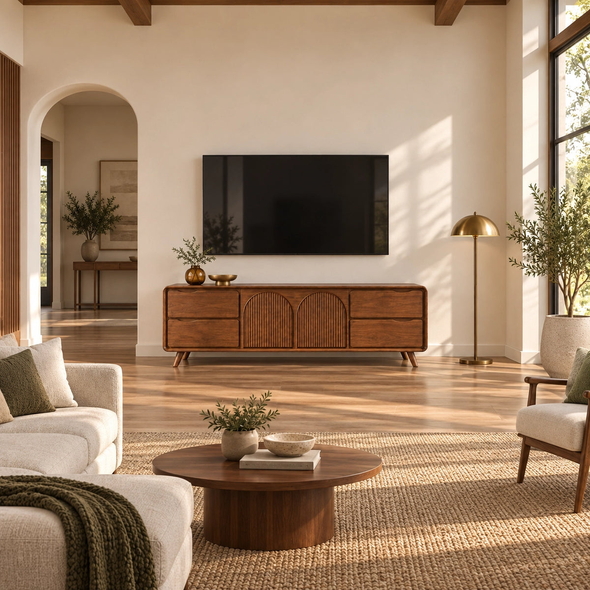 TV Stand with Fluted Arched Cabinet Doors in Natural Solid Wood for Living - Rustiracraft - 2