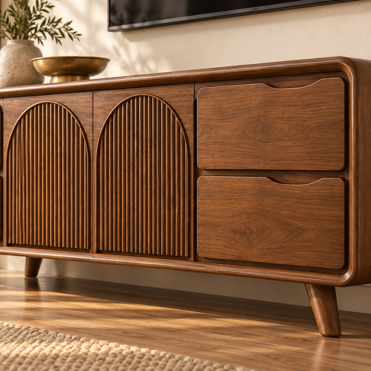 TV Stand with Fluted Arched Cabinet Doors in Natural Solid Wood for Living - Rustiracraft - 5
