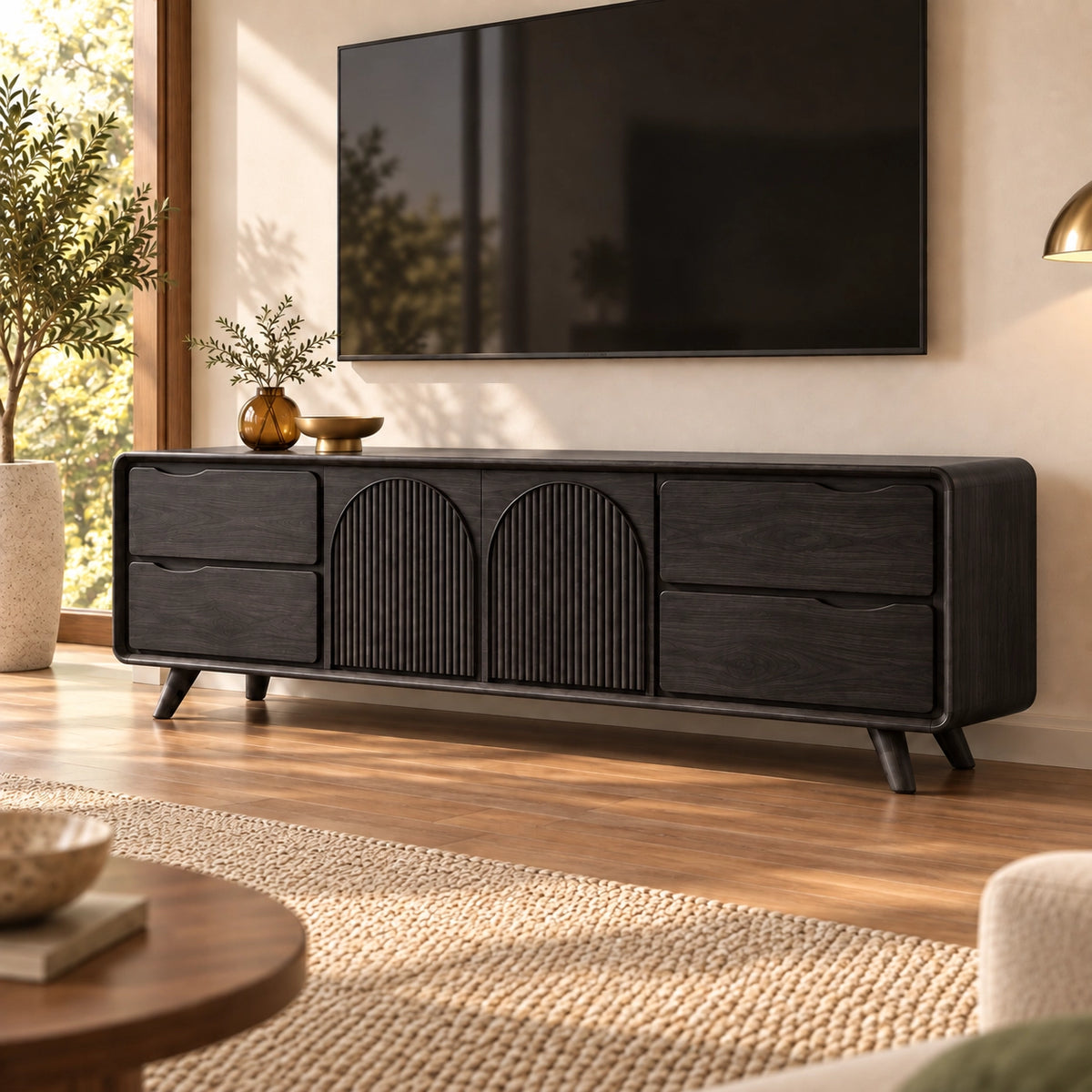 TV Stand with Fluted Arched Cabinet Doors in Natural Solid Wood for Living - Rustiracraft - 7