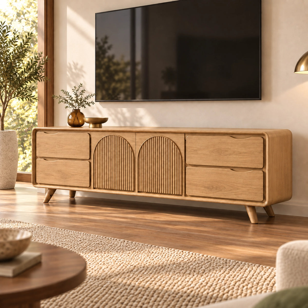 TV Stand with Fluted Arched Cabinet Doors in Natural Solid Wood for Living - Rustiracraft - 8