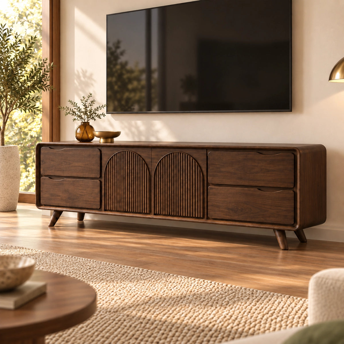 TV Stand with Fluted Arched Cabinet Doors in Natural Solid Wood for Living - Rustiracraft - 9