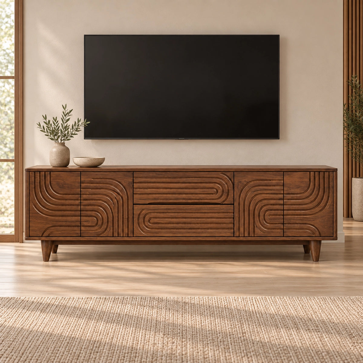 TV Stand with Geometric Carved Doors in Natural Solid Wood for Living - Rustiracraft - 1