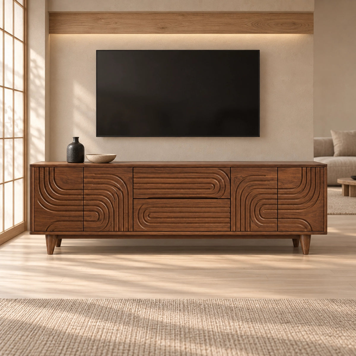 TV Stand with Geometric Carved Doors in Natural Solid Wood for Living - Rustiracraft - 3