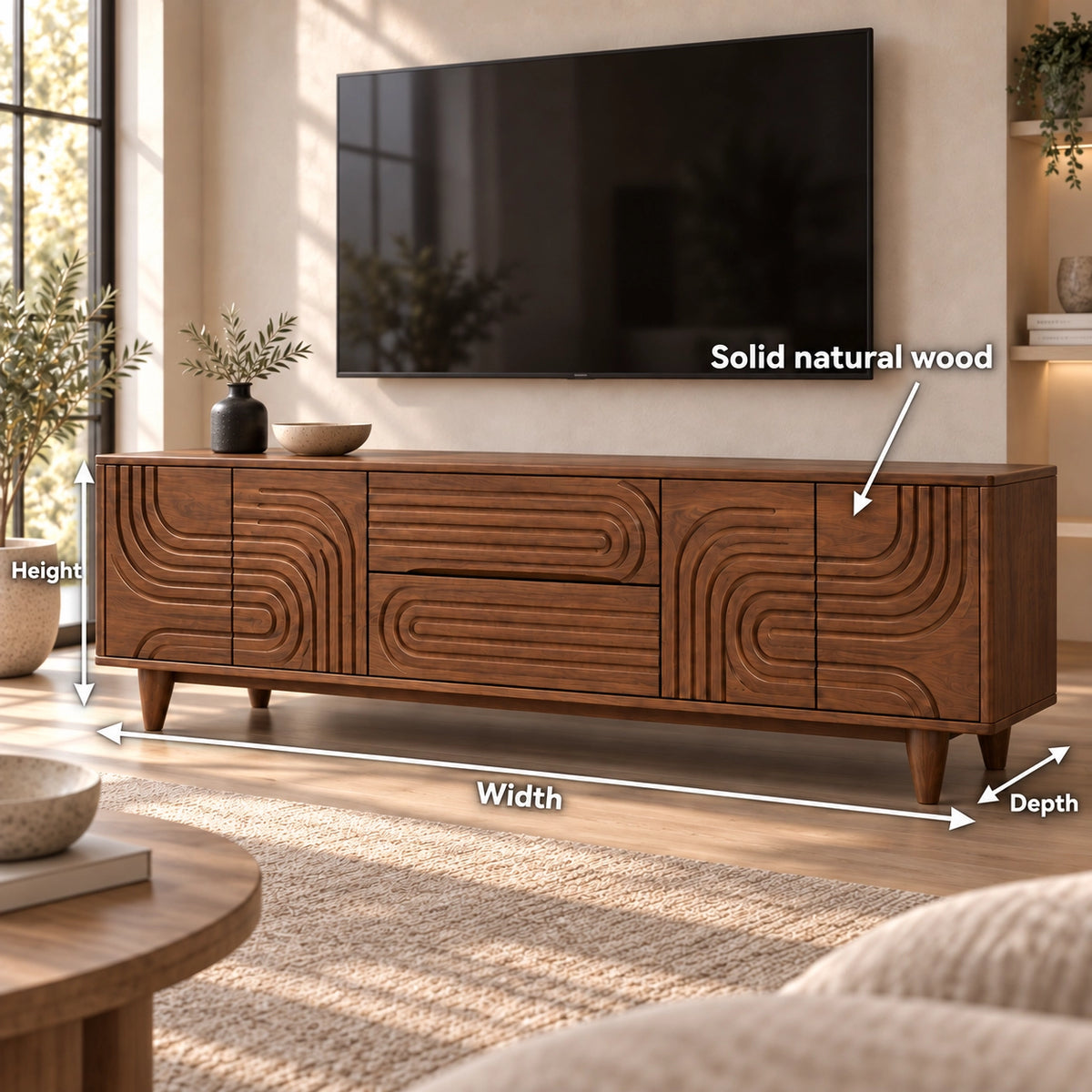 TV Stand with Geometric Carved Doors in Natural Solid Wood for Living - Rustiracraft - 7