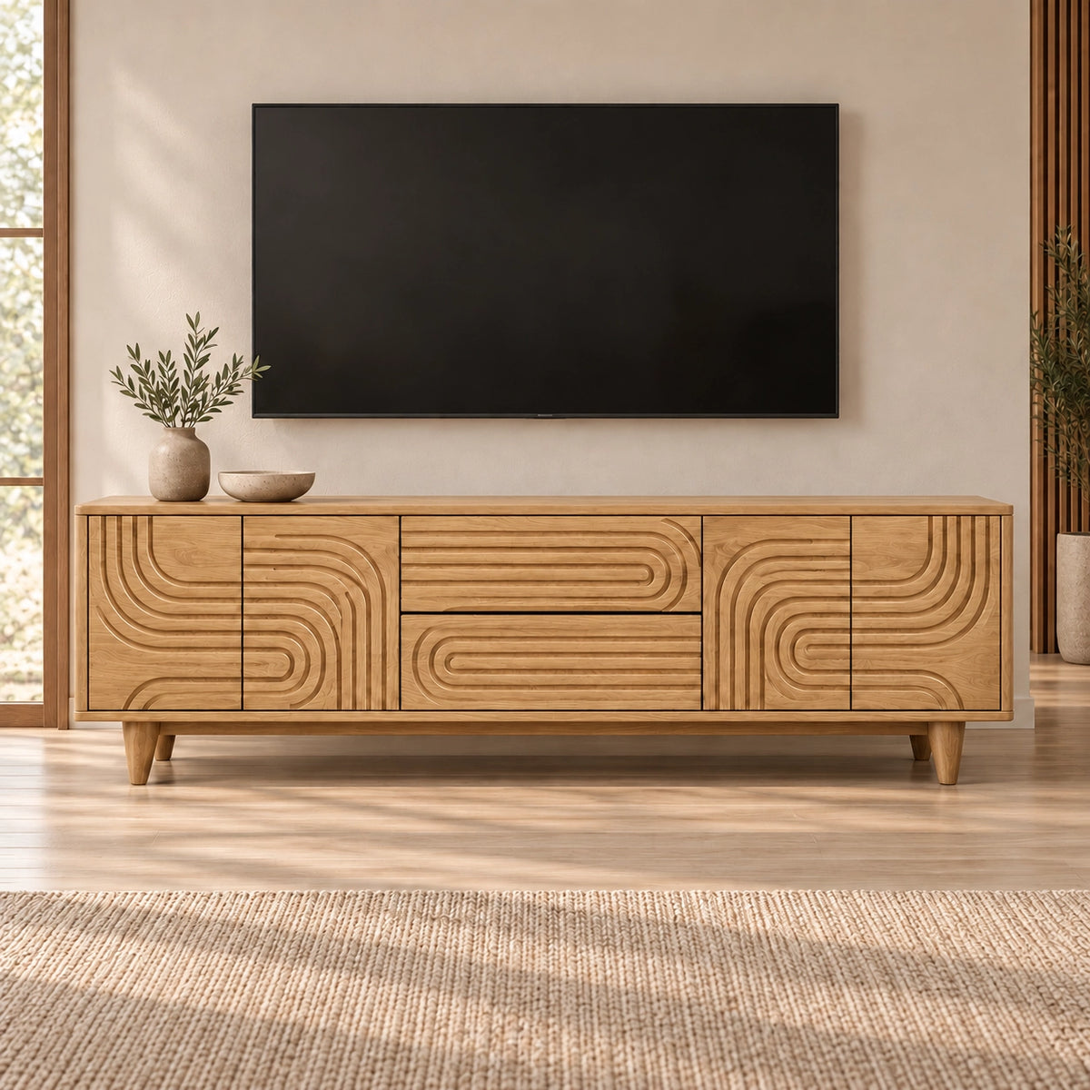 TV Stand with Geometric Carved Doors in Natural Solid Wood for Living - Rustiracraft - 9
