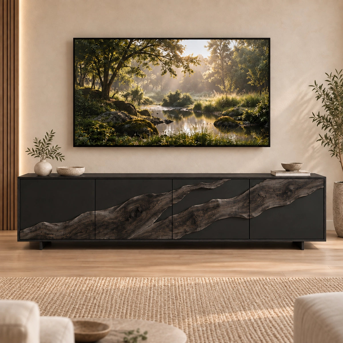 TV Stand with Live-Edge Natural Solid Wood Accents for Six Sizes. - Rustiracraft - 7