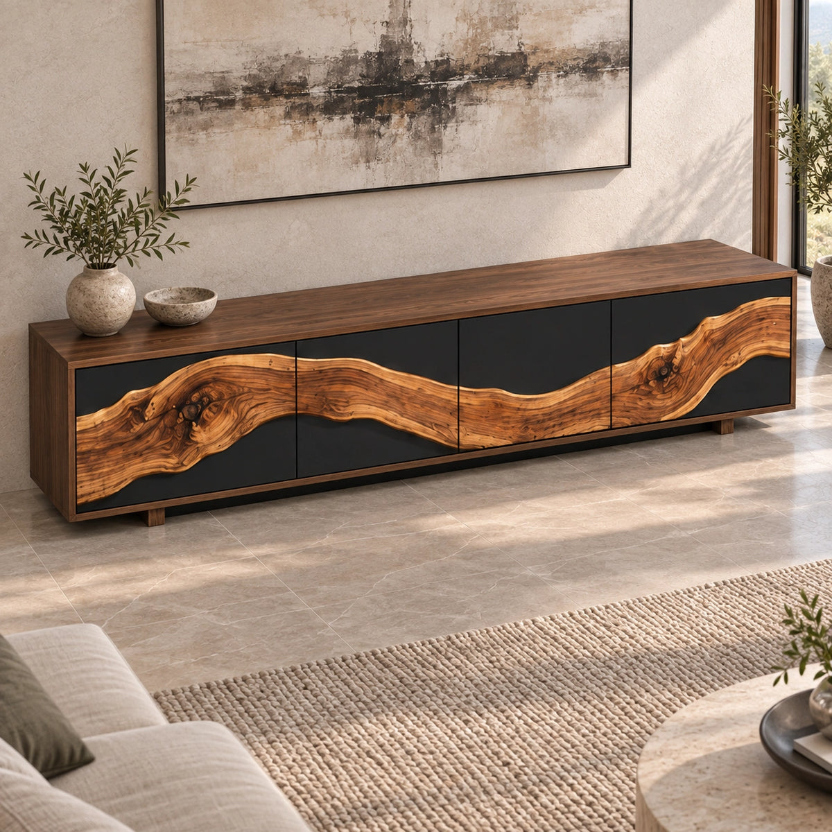 TV Stand with Live-Edge Sculptural Doors in Natural Solid Wood for Living - Rustiracraft - 4