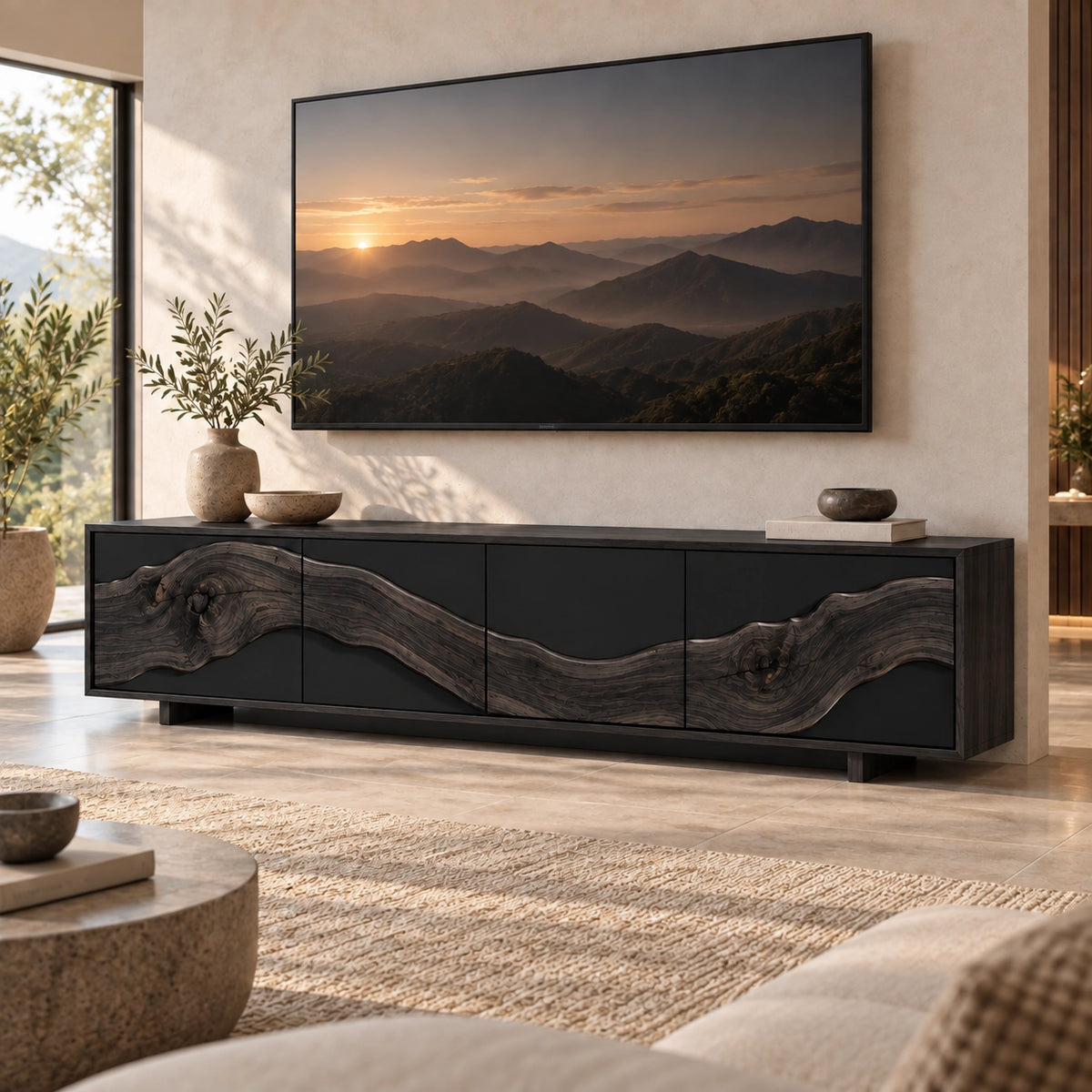 TV Stand with Live-Edge Sculptural Doors in Natural Solid Wood for Living - Rustiracraft - 7