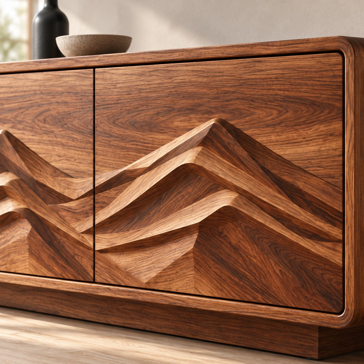TV Stand with Mountain-Carved Cabinet Doors in Natural Solid Wood - Rustiracraft - 5