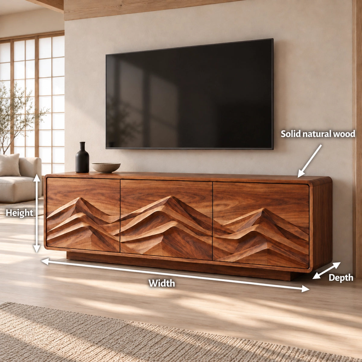 TV Stand with Mountain-Carved Cabinet Doors in Natural Solid Wood - Rustiracraft - 6