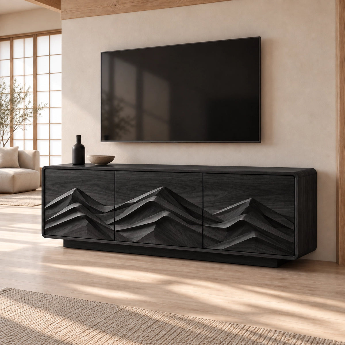 TV Stand with Mountain-Carved Cabinet Doors in Natural Solid Wood - Rustiracraft - 7