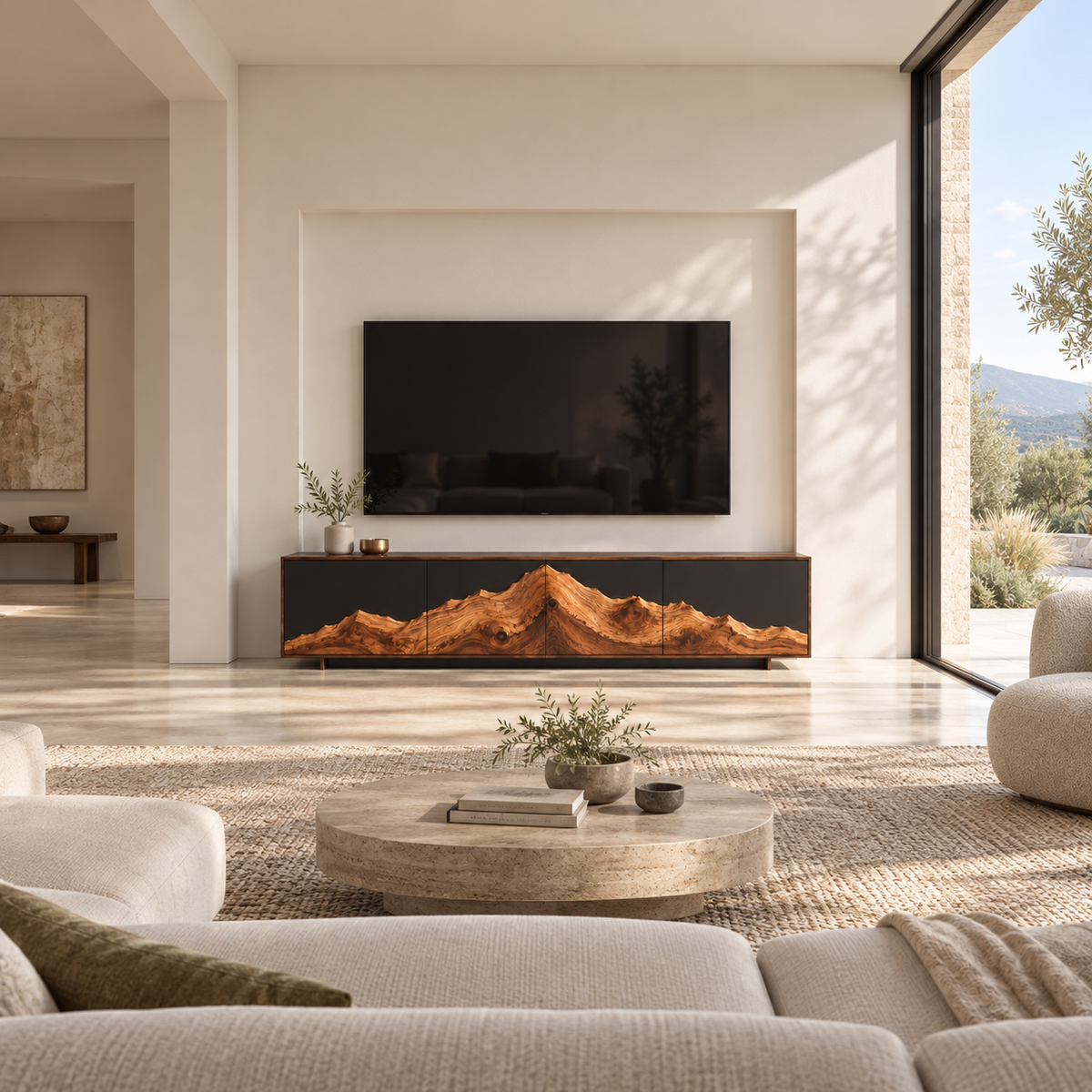 TV Stand with Mountain-Carved Natural Solid Wood Cabinet Doors in Six Sizes - Rustiracraft - 2