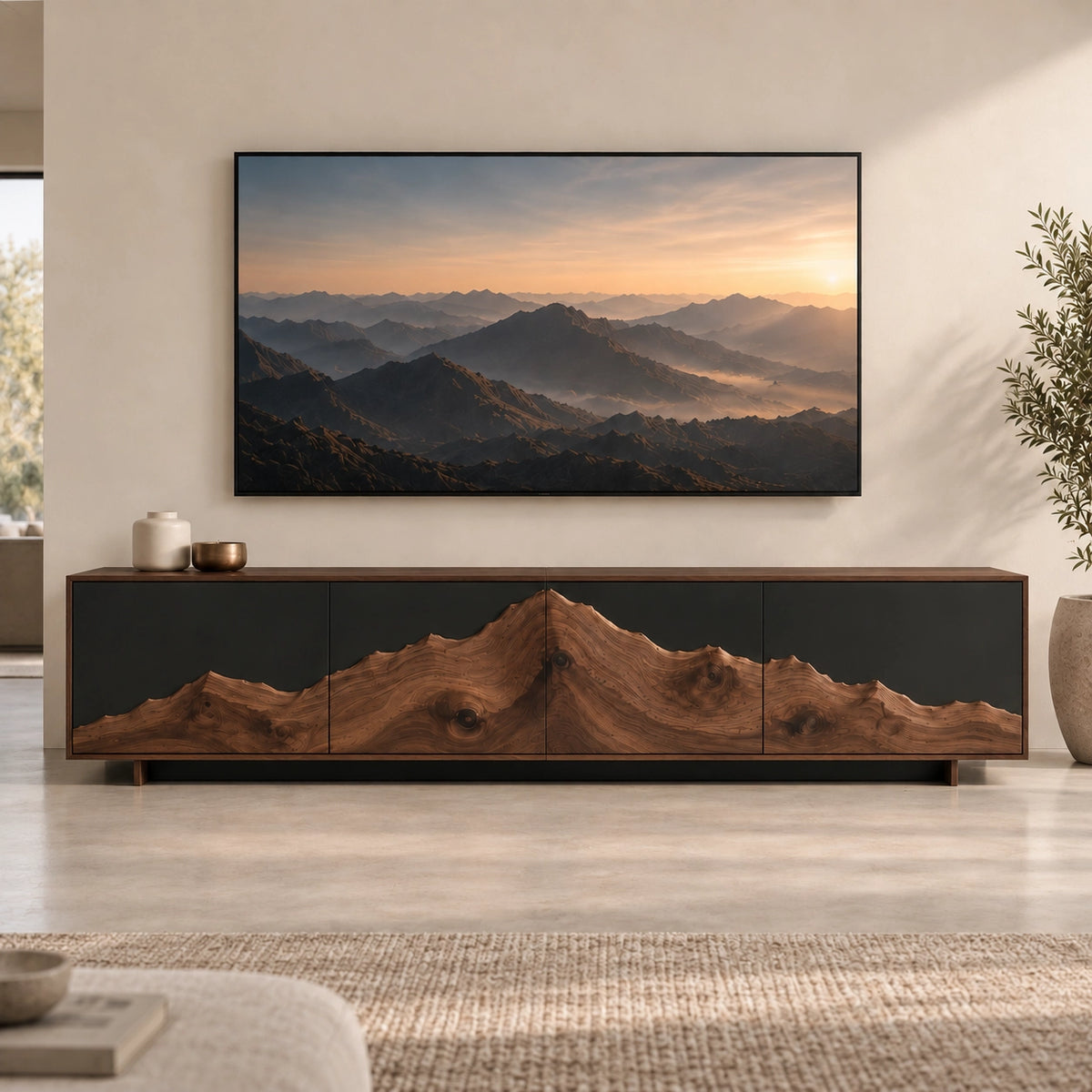 TV Stand with Mountain-Carved Natural Solid Wood Cabinet Doors in Six Sizes - Rustiracraft - 9