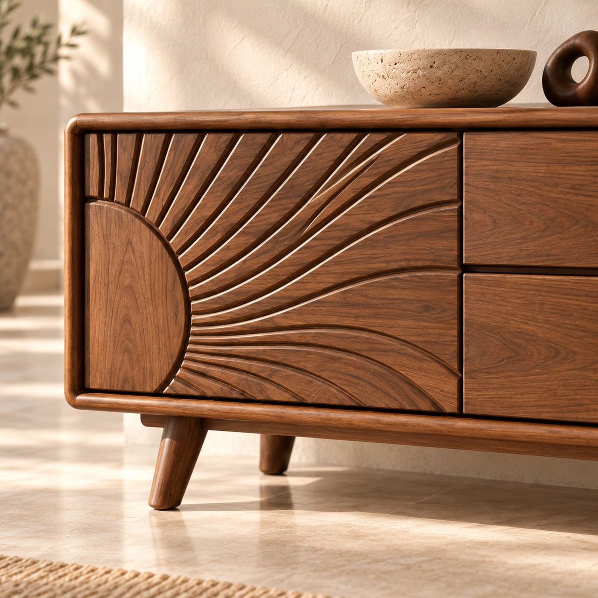 TV Stand with Radiant Carved Storage in Natural Solid Wood for Six Sizes - Rustiracraft - 5