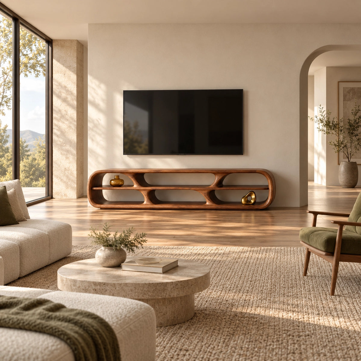 TV Stand with Rounded Open Storage Compartments in Natural Solid Wood - Rustiracraft - 2