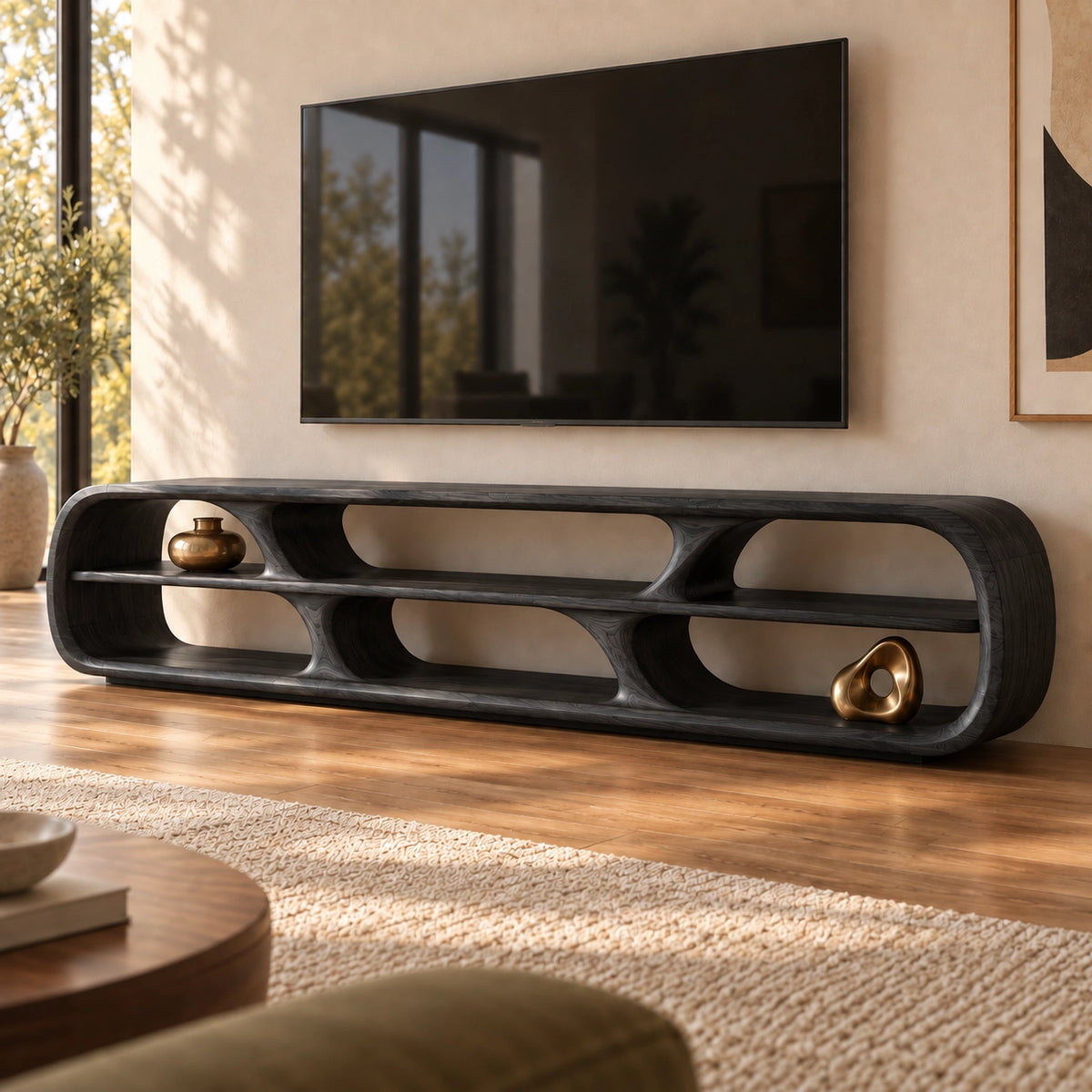 TV Stand with Rounded Open Storage Compartments in Natural Solid Wood - Rustiracraft - 7