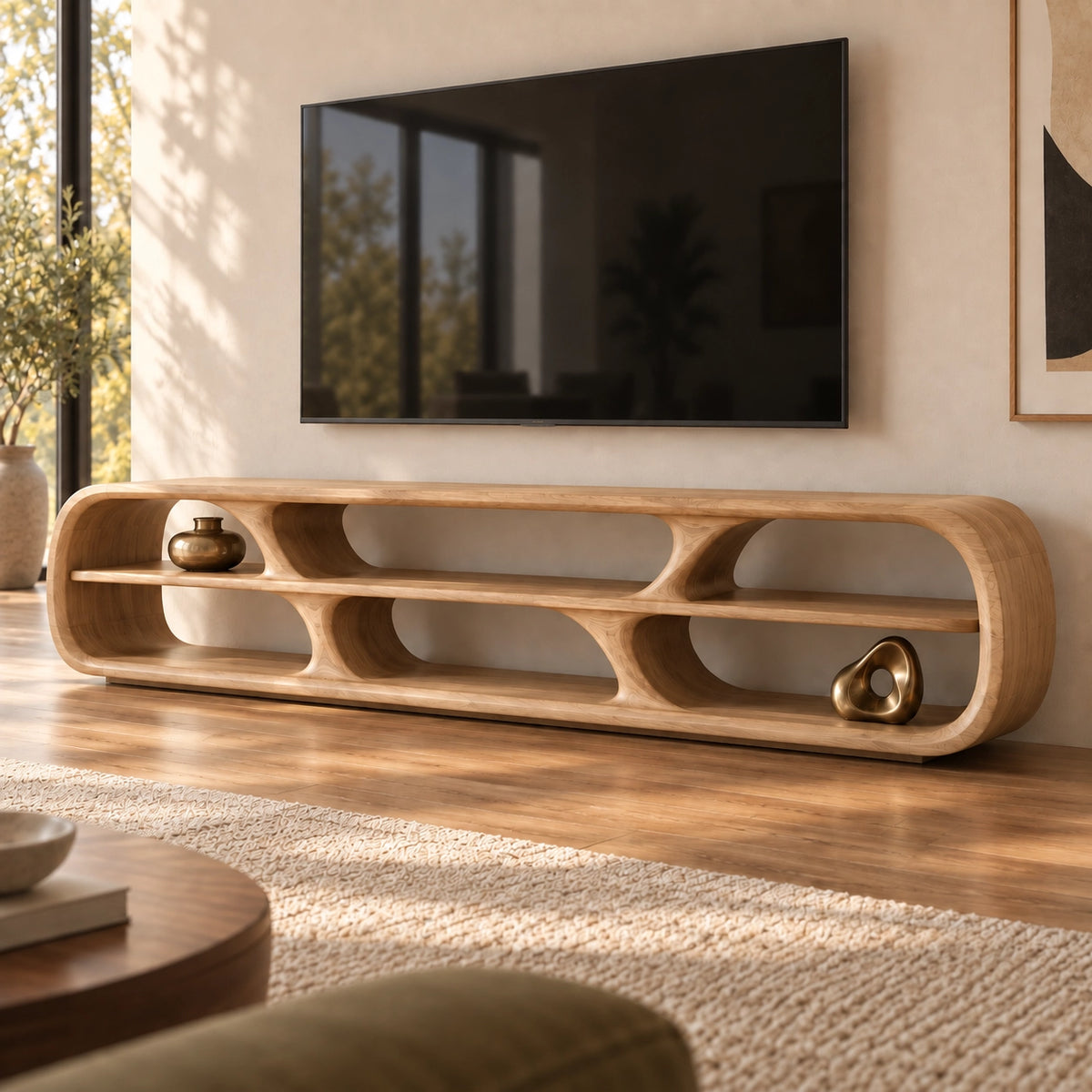 TV Stand with Rounded Open Storage Compartments in Natural Solid Wood - Rustiracraft - 8