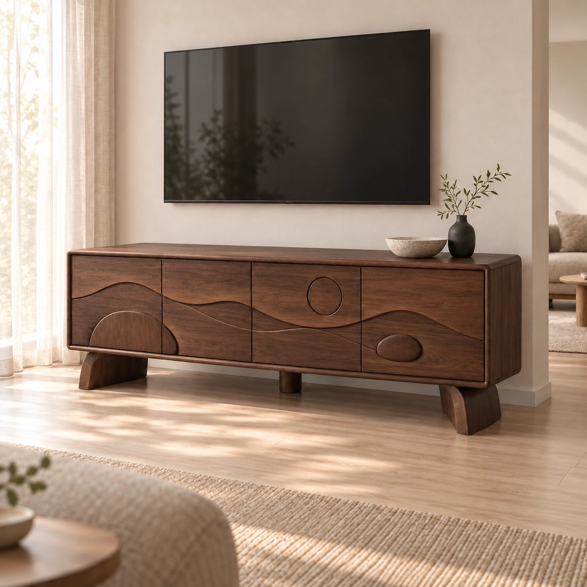 TV Stand with Sculptural Curved Doors in Natural Solid Wood for Living - Rustiracraft - 10