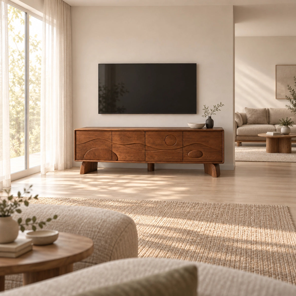 TV Stand with Sculptural Curved Doors in Natural Solid Wood for Living - Rustiracraft - 2