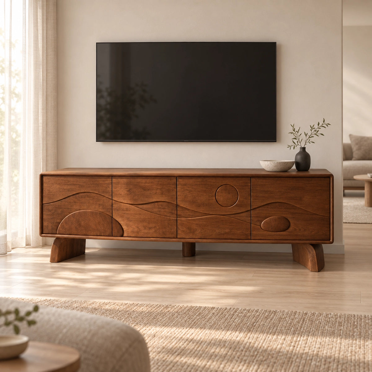 TV Stand with Sculptural Curved Doors in Natural Solid Wood for Living - Rustiracraft - 3