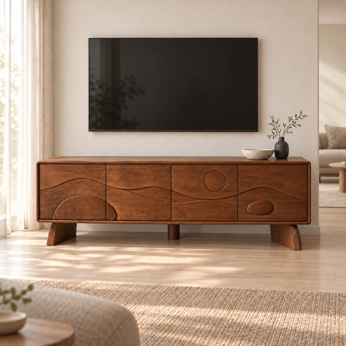 TV Stand with Sculptural Curved Doors in Natural Solid Wood for Living - Rustiracraft - 4