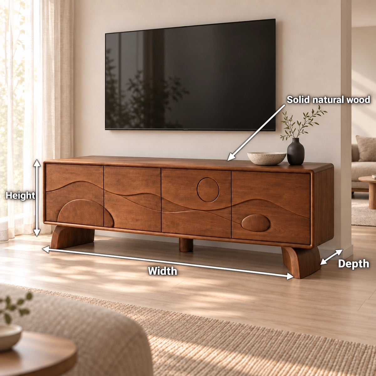 TV Stand with Sculptural Curved Doors in Natural Solid Wood for Living - Rustiracraft - 7