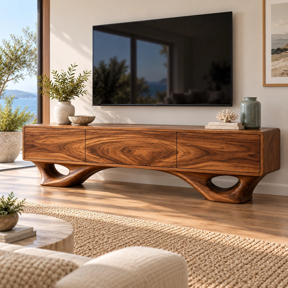 TV Stand with Sculptural Curved Legs in Natural Solid Wood for Living - Rustiracraft - 1