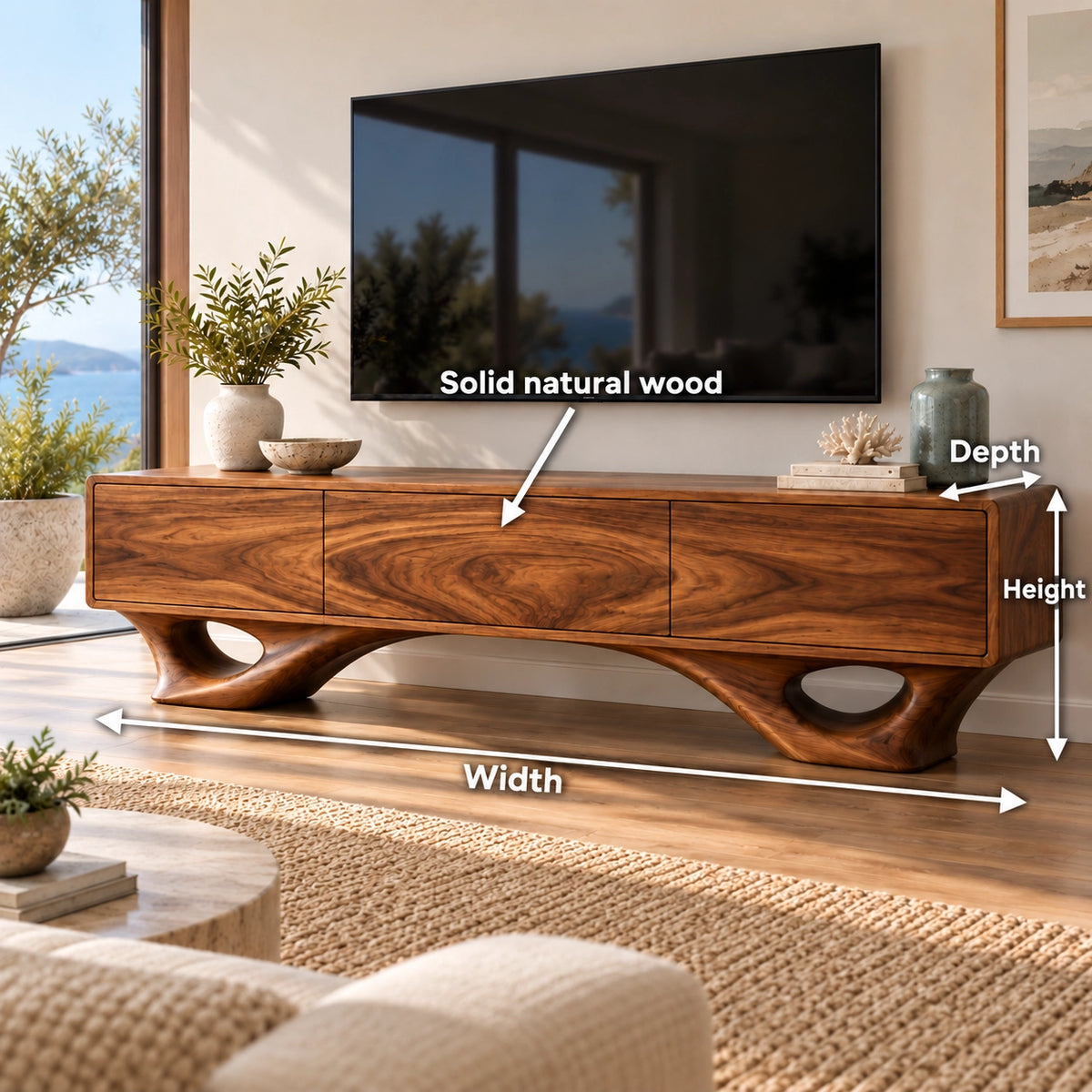 TV Stand with Sculptural Curved Legs in Natural Solid Wood for Living - Rustiracraft - 6