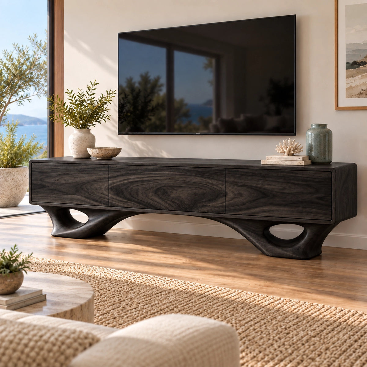 TV Stand with Sculptural Curved Legs in Natural Solid Wood for Living - Rustiracraft - 7