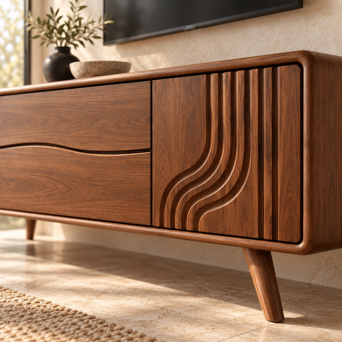 TV Stand with Sculptural Curved Sides in Natural Solid Wood for Living - Rustiracraft - 5