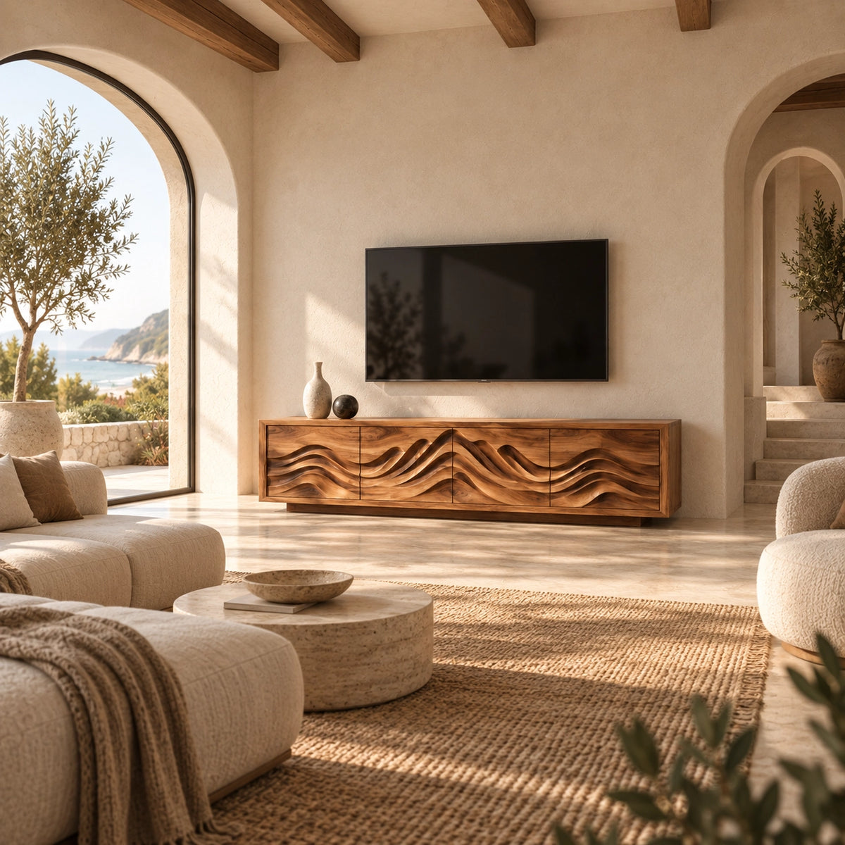TV Stand with Sculptural Wave-Carved Doors in Natural Solid Wood. - Rustiracraft - 2