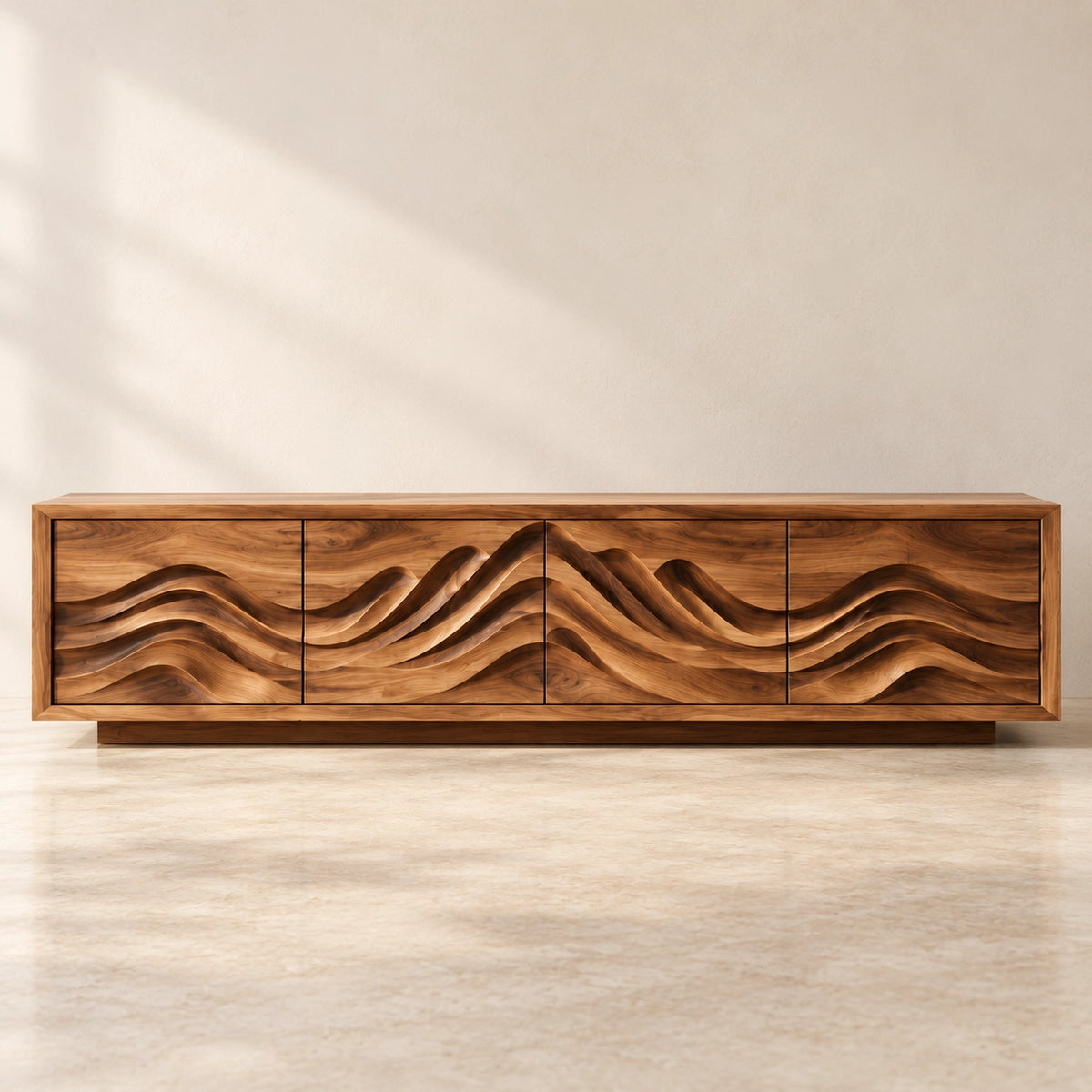 TV Stand with Sculptural Wave-Carved Doors in Natural Solid Wood. - Rustiracraft - 3