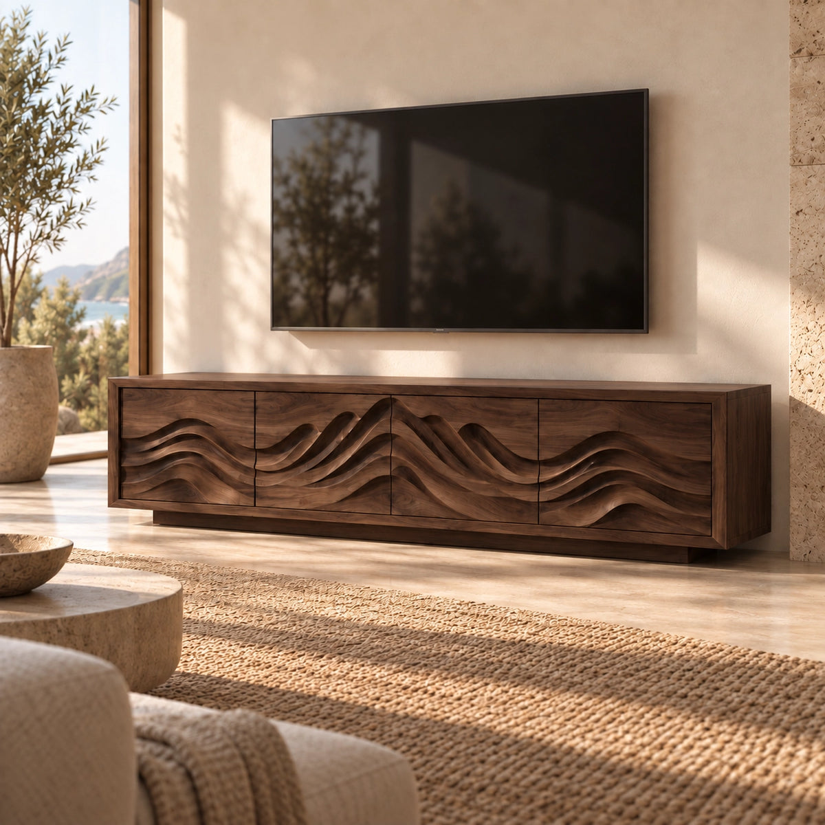 TV Stand with Sculptural Wave-Carved Doors in Natural Solid Wood. - Rustiracraft - 9