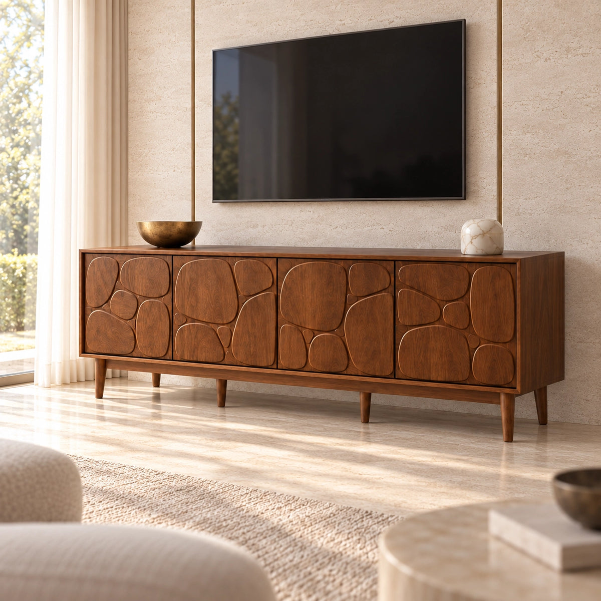 TV Stand with Stone-Carved Cabinet Doors in Natural Solid Wood for Living - Rustiracraft - 1