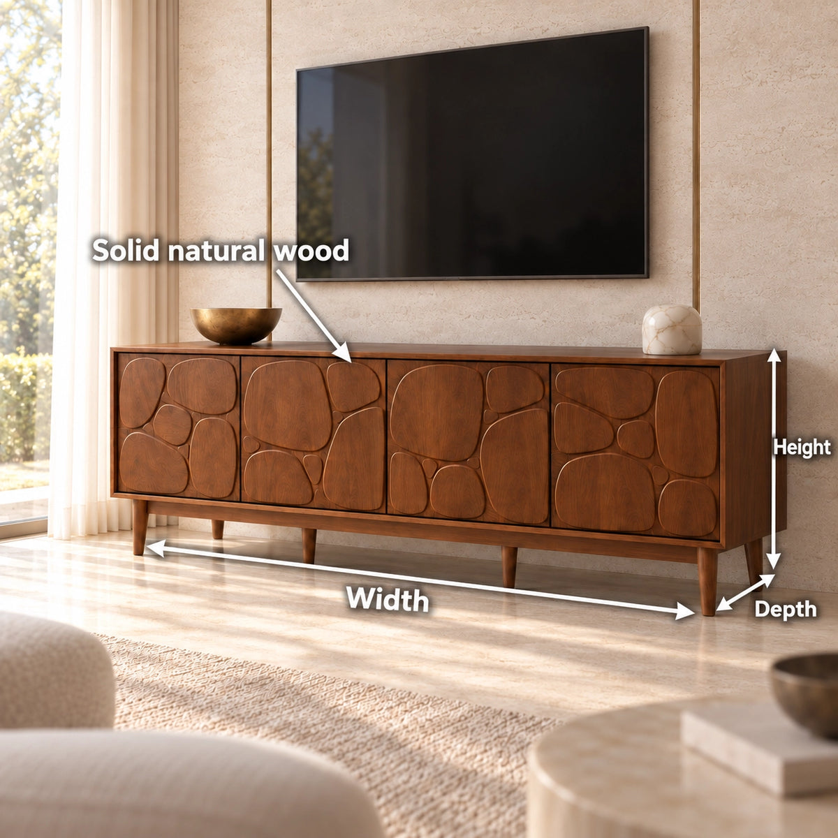 TV Stand with Stone-Carved Cabinet Doors in Natural Solid Wood for Living - Rustiracraft - 6