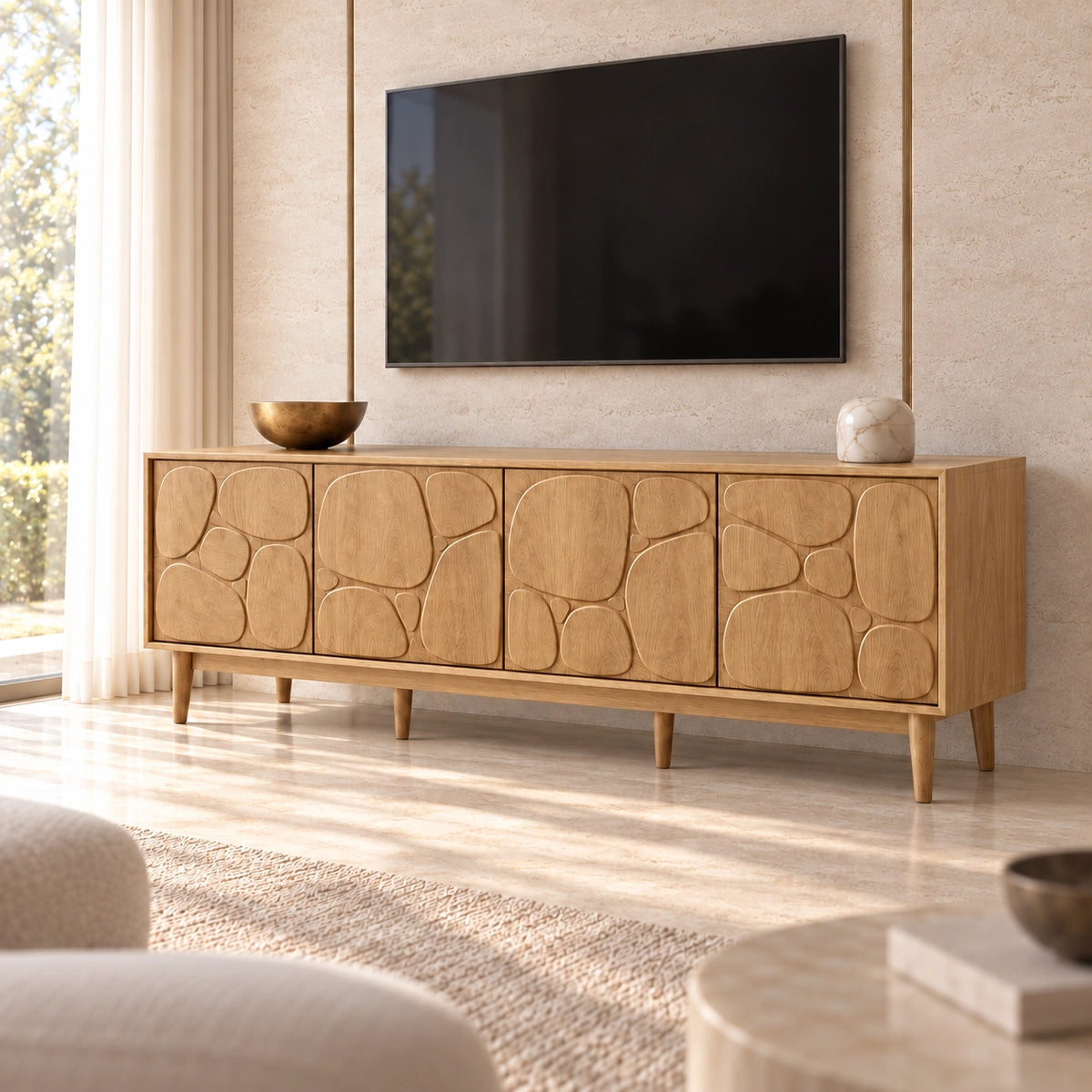 TV Stand with Stone-Carved Cabinet Doors in Natural Solid Wood for Living - Rustiracraft - 8